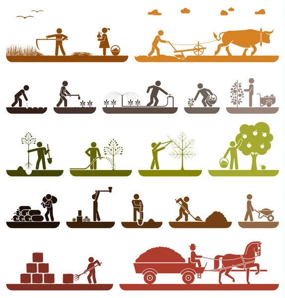 Set ikon piktogram menyajikan pekerjaan pertanian dan kehidupan di - Stok Vektor