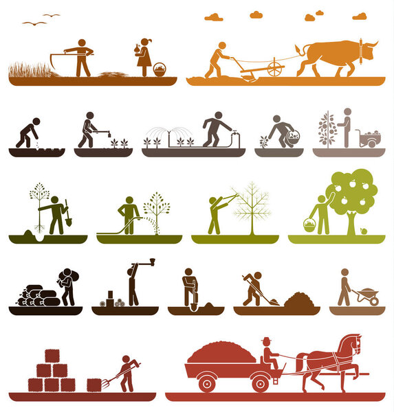 Set of pictogram icons presenting agricultural work and life on 