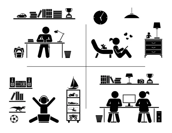 Set ikon Pictogram. Anak-anak belajar di kamarnya
. — Stok Ilustrasi Set ikon Pictogram. Anak-anak belajar di kamarnya
. Stok Vektor