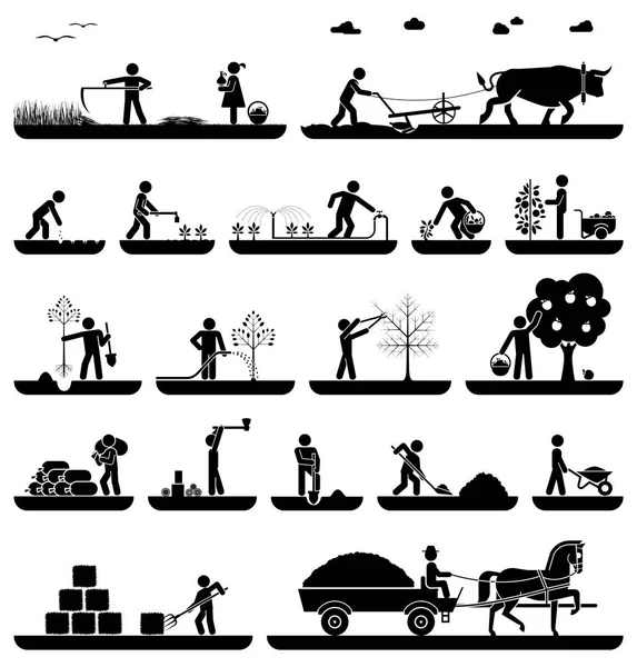 Serie di icone con pittogrammi che illustrano il lavoro agricolo e la vita — Vettoriale Stock