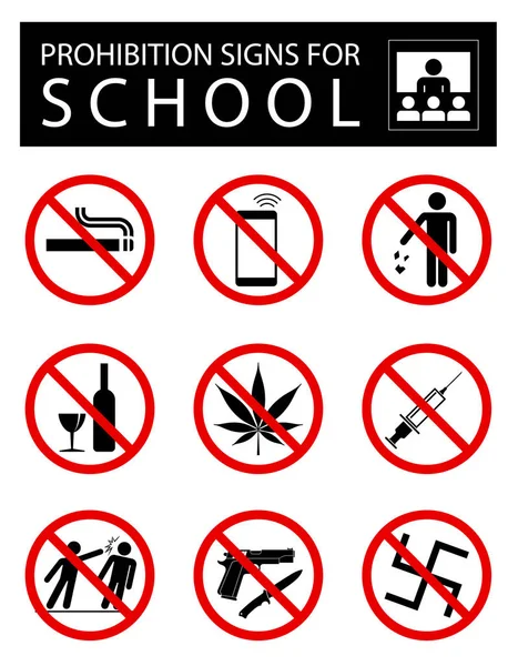Zestaw znaki zakazu dla szkoły — Wektor stockowy
