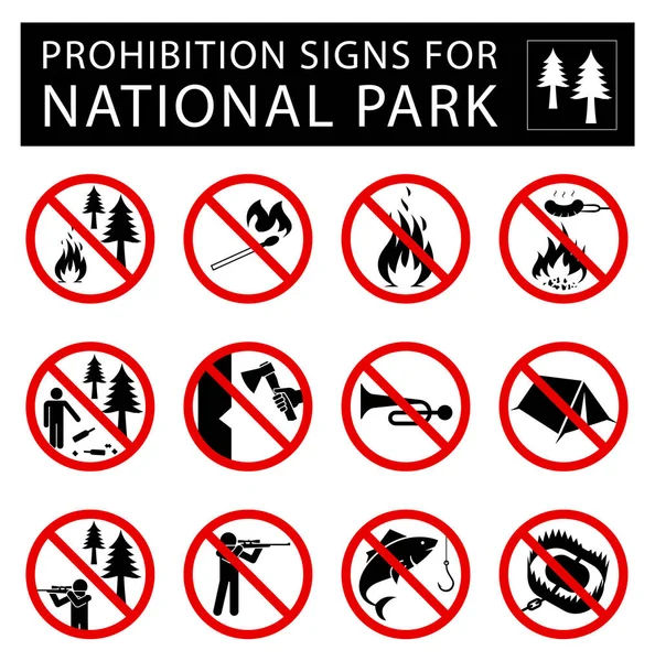 Set of prohibition signs for national park. — Stock Vector