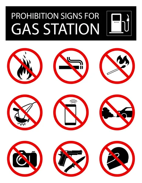 Set of prohibition signs for gas station — Stock Vector