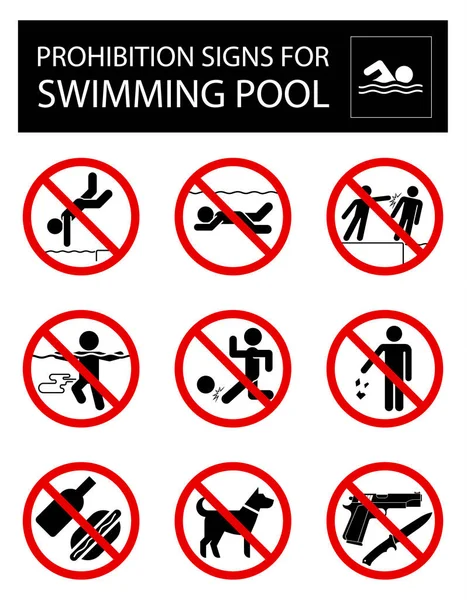 Set of prohibition signs and rules for swimming pool — Stock Vector