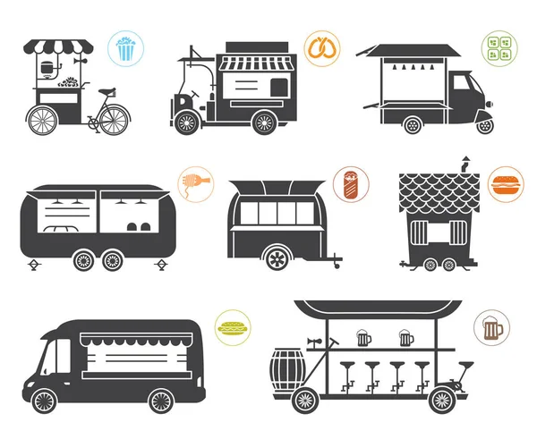 Uppsättning av stiliserade illustrationer av olika fordon och släpvagnar t — Stock vektor