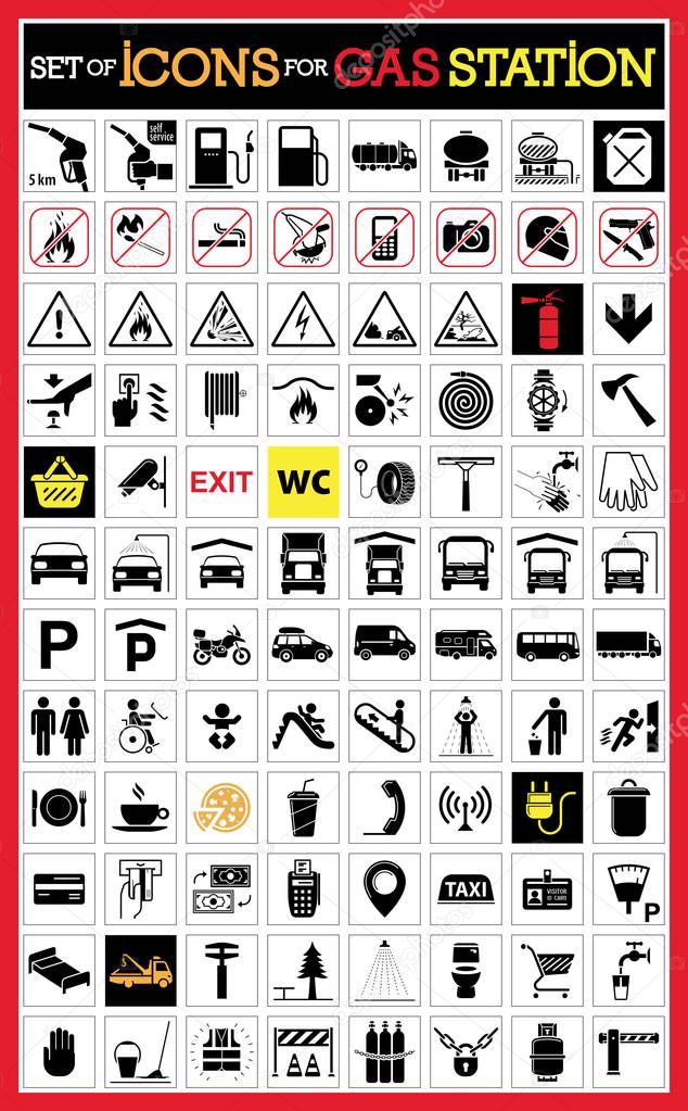 Collection of premium quality pictograms for gas station.