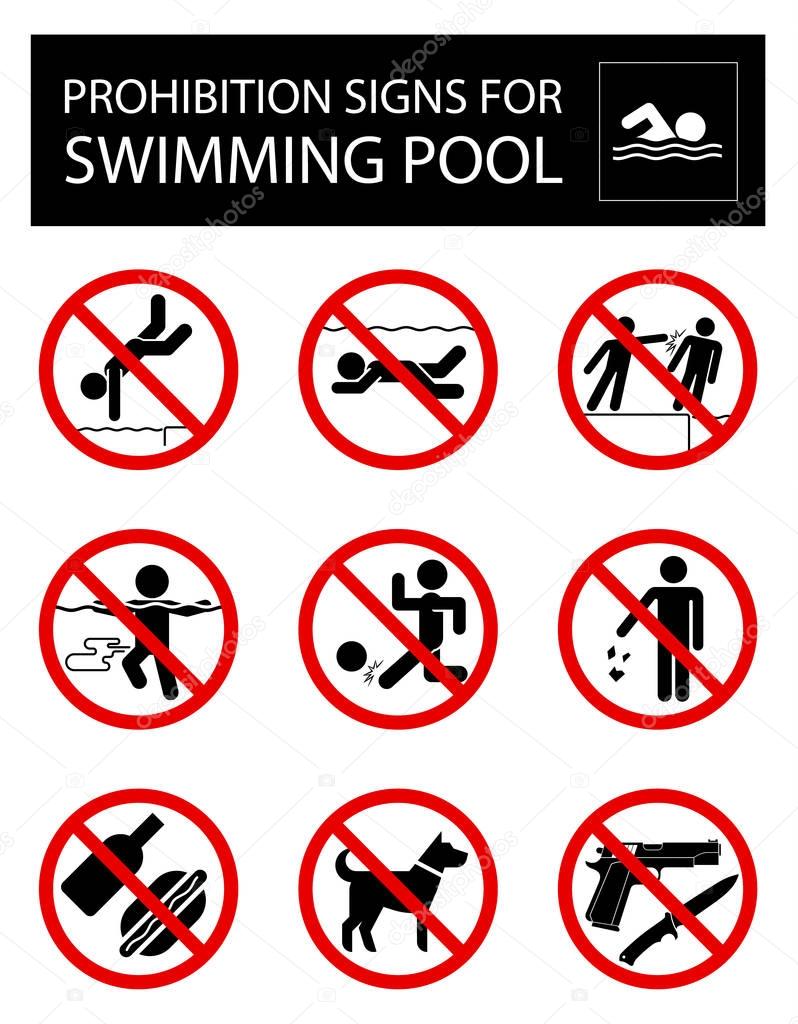 Set of prohibition signs and rules for swimming pool