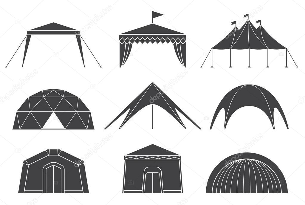 Set of various designs of tents for camping and pavilion tents