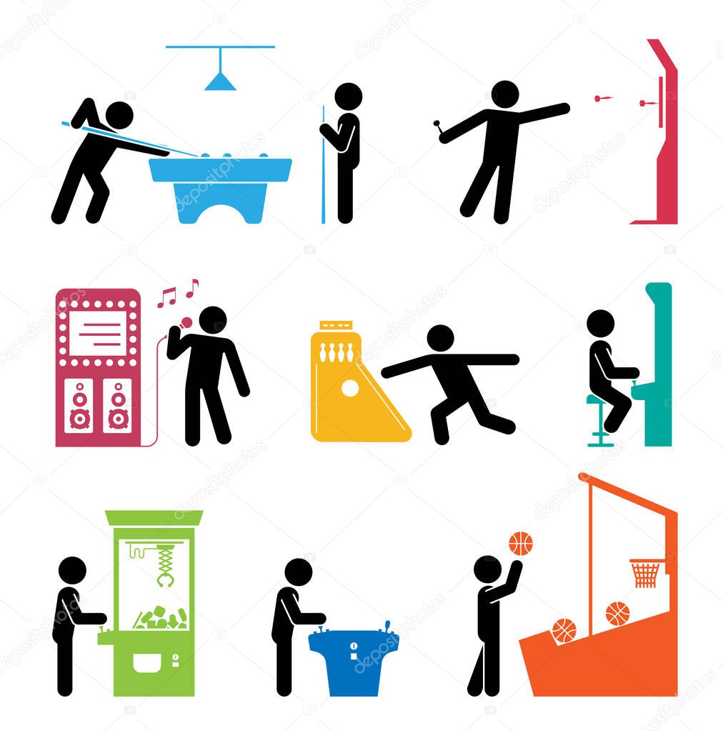 Pictograms representing people playing games.