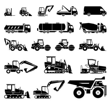 Set of various transportation and construction machinery. Heavy equipment. Collection of heavy trucks. Heavy-duty vehicles, designed for executing construction tasks and earthwork operations.  clipart