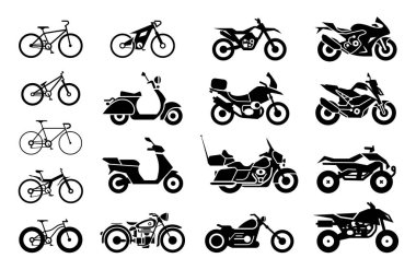 Motosiklet ve bisiklet simgeleri Koleksiyonu. Moto araç sembolleri vektör stok illüstrasyon.