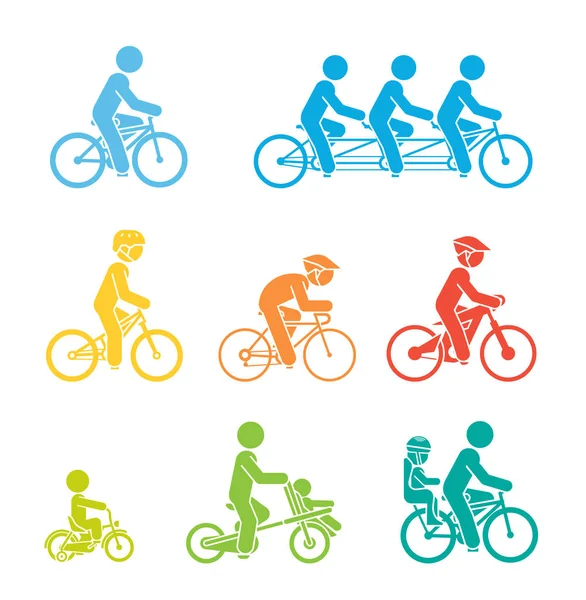 Set di pittogrammi che presentano persone che cavalcano vari tipi di biciclette — Vettoriale Stock