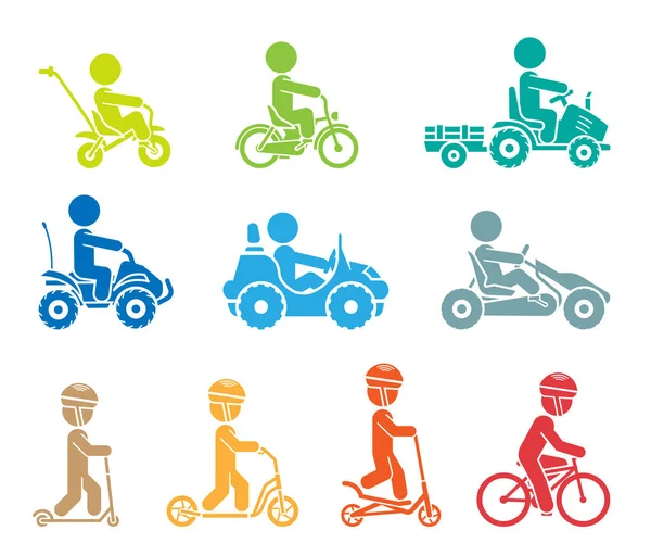 Conjunto de pictogramas que representan a niños montados en todo tipo de vehículos — Archivo Imágenes Vectoriales