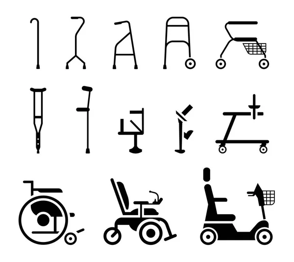 Zestaw ikon, które reprezentują, sprzęt ortopedyczny, wózek inwalidzki, cru — Wektor stockowy
