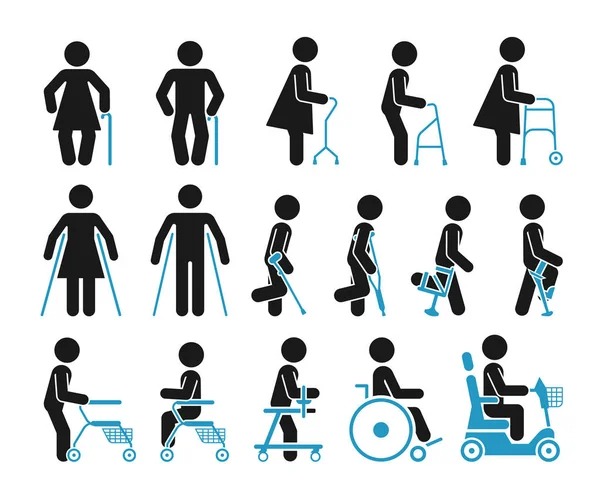 Ensemble d'icônes qui représentent des personnes utilisant divers equ orthopédiques — Image vectorielle