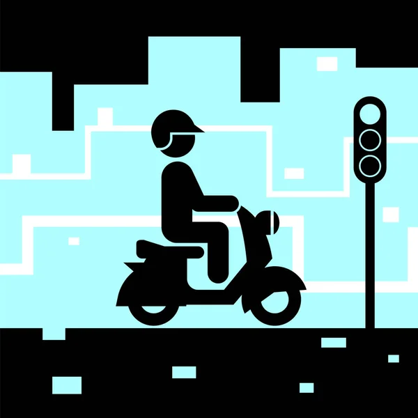 Pictogram van een persoon rijden motorfiets in de straten van de stad. — Stockvector