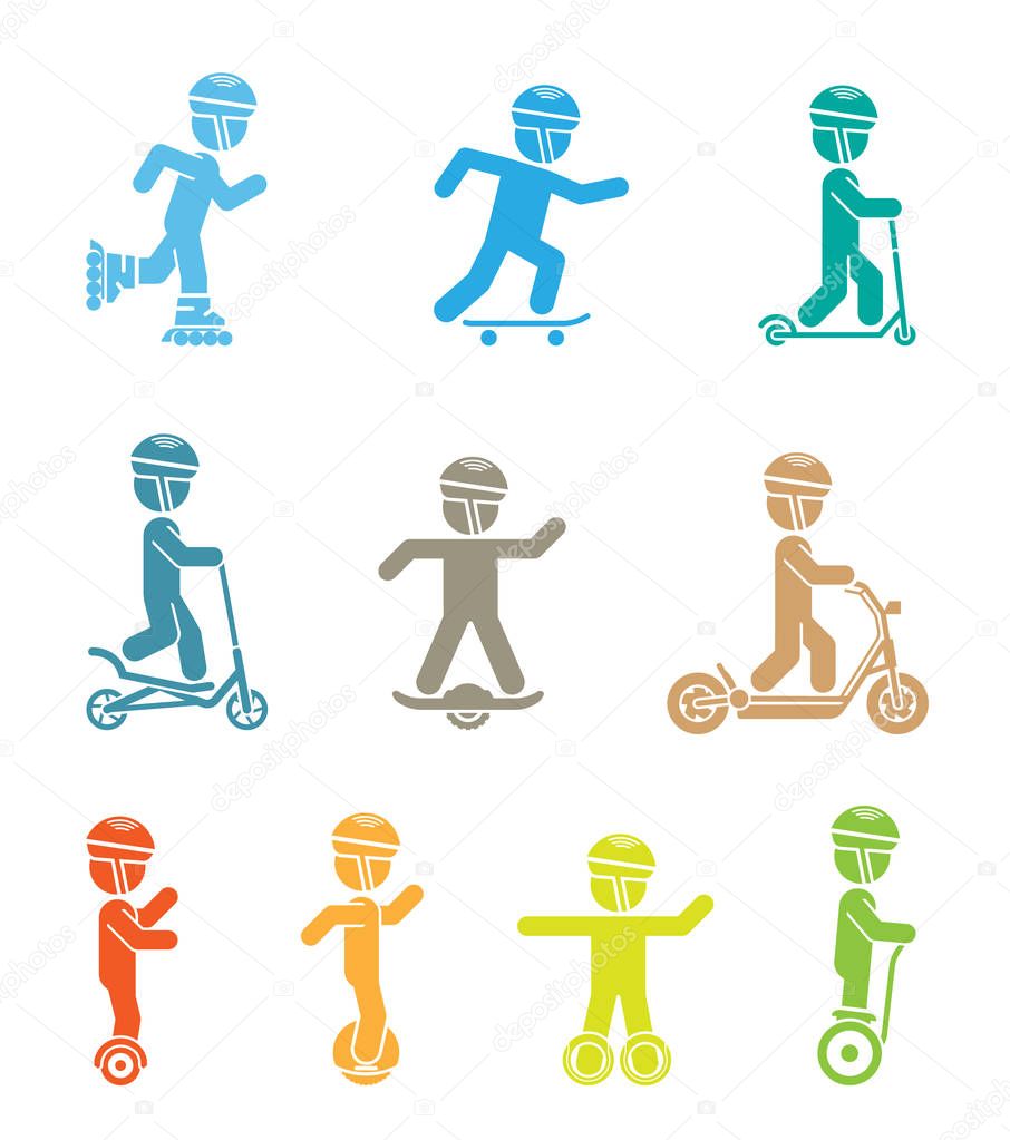 Set of pictograms representing children riding all sorts of mode
