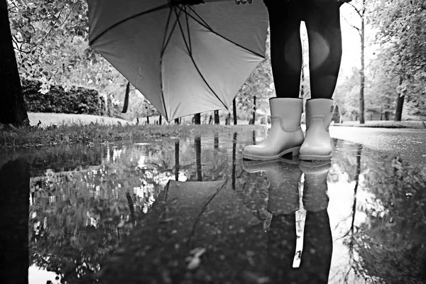 Женщина с зонтиком идет после дождя — стоковое фото