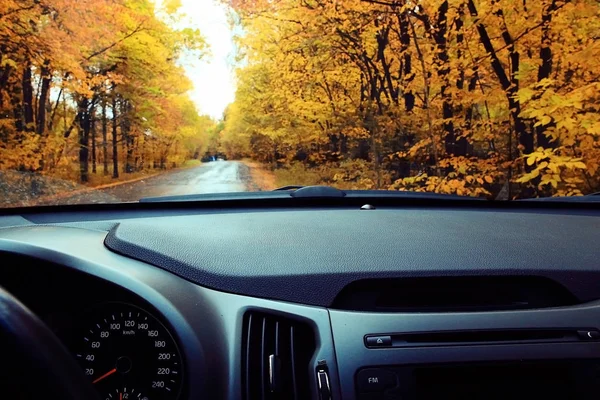 Carro na estrada ensolarada outono — Fotografia de Stock
