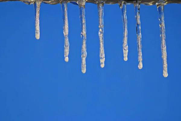 Icicles over blue clear sky — Stock Photo, Image