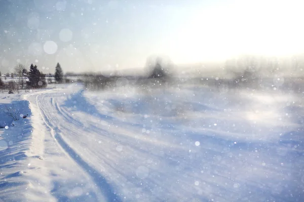 Besneeuwde weg met sneeuwvlokken — Stockfoto