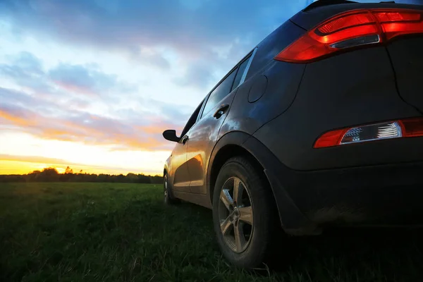 Car in the field at sunset — Stock Photo, Image