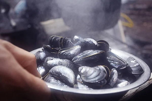 Cozze bollite su piatto — Foto Stock