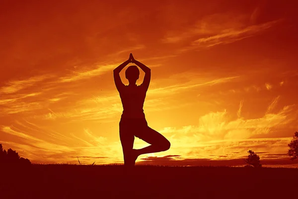 女人做瑜伽反对的夕阳的天空 — 图库照片