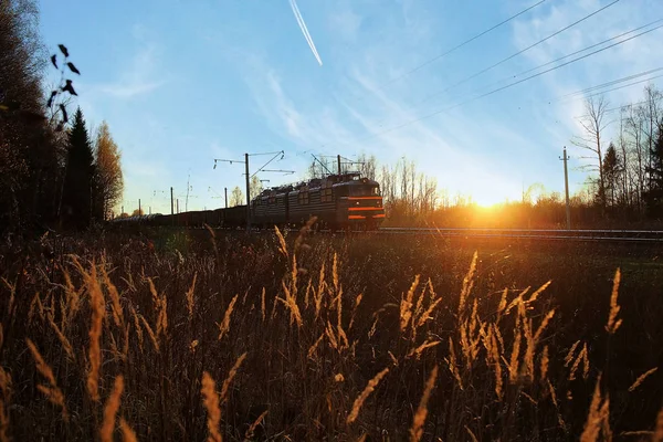 Demiryoluna günbatımında Tren — Stok fotoğraf