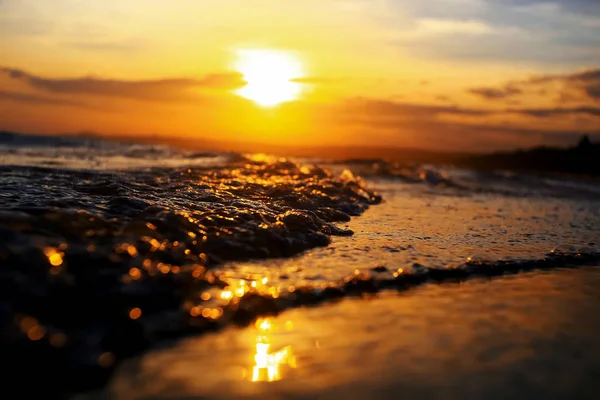 Pláž v tropech při západu slunce — Stock fotografie