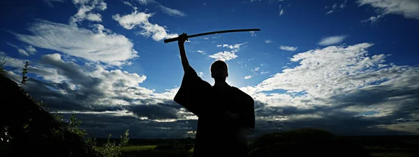 Silhueta de guerreiro segurando espada — Fotografia de Stock