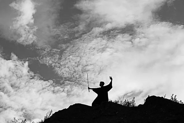 Silueta del guerrero sosteniendo la espada — Foto de Stock