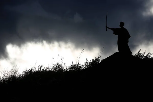 Silhueta de lutador com espada — Fotografia de Stock