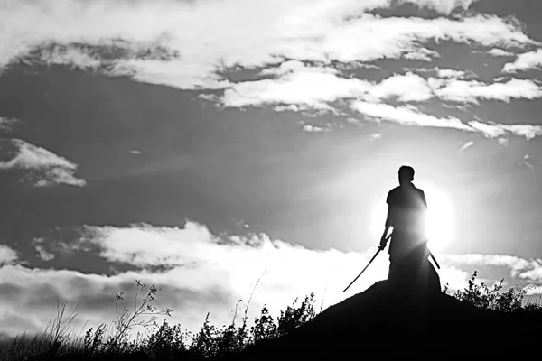 Silhueta de guerreiro segurando espada — Fotografia de Stock