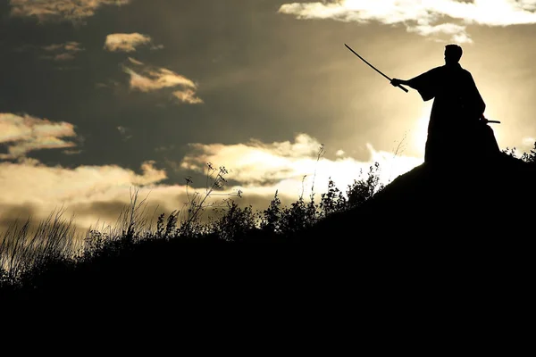 Silhueta de guerreiro segurando espada — Fotografia de Stock