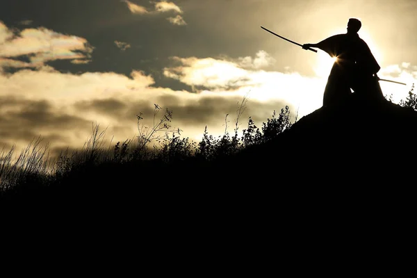 Silhueta de lutador com espada — Fotografia de Stock