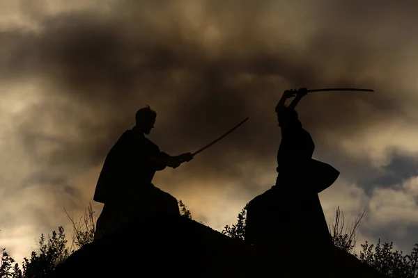 Silhueta de lutadores com espadas — Fotografia de Stock