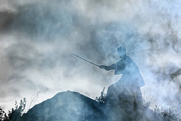 Silueta válečník drží meč — Stock fotografie