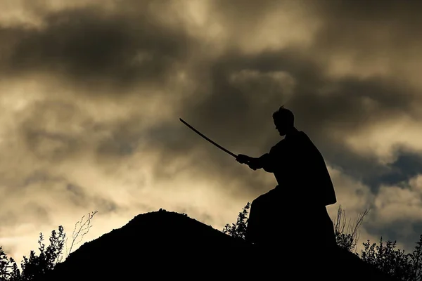 Savaşçı kılıç ile silüeti — Stok fotoğraf