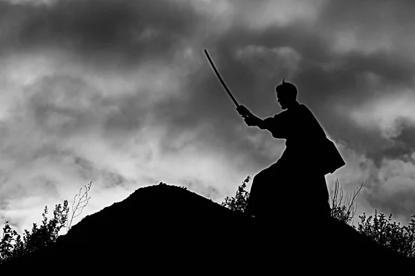 Silhueta de guerreiro segurando espada — Fotografia de Stock