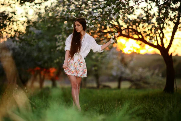 Bella donna in giardino primaverile — Foto Stock