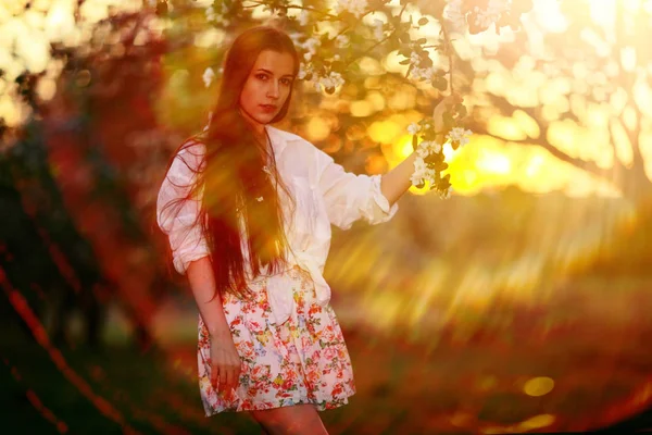 Jovem mulher no jardim da primavera — Fotografia de Stock