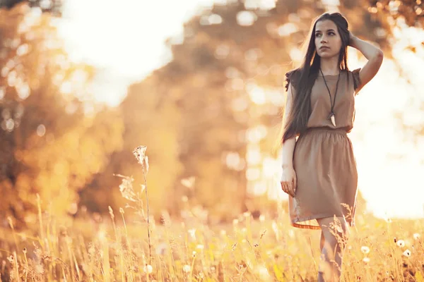 Mujer joven en un campo pintoresco — Foto de Stock