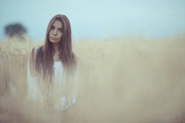 Junge Frau im Weizenfeld — Stockfoto