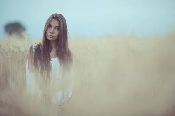 Femeie tânără în câmp de grâu — Fotografie, imagine de stoc