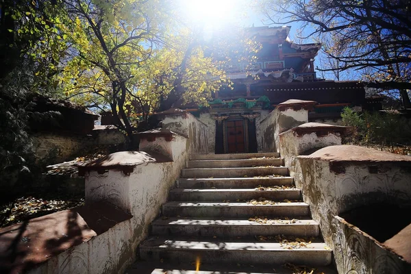 Verbazingwekkende Architectuur Van Oude Tempels Tibetaanse Stad Smalle Straat Met — Stockfoto