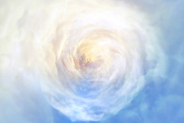 creative watercolor illustration of cloudy sky. Fantastic colorful cloudscape. Magic tunnel of clouds  