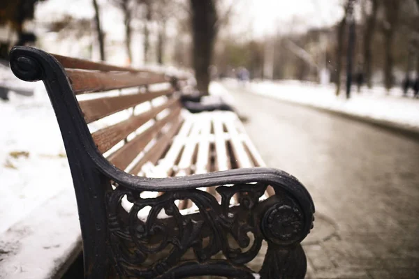 冷冬公园旧木凳 — 图库照片