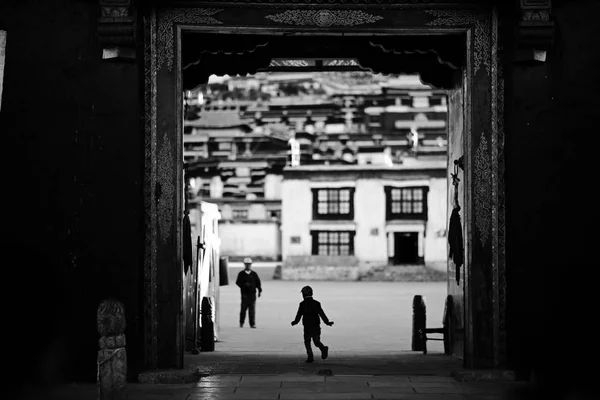 Bâtiments Traditionnels Dans Vieille Ville Tibet Chine Noir Blanc — Photo