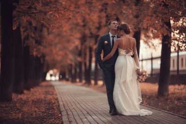 gelin ve damat sonbahar parkında